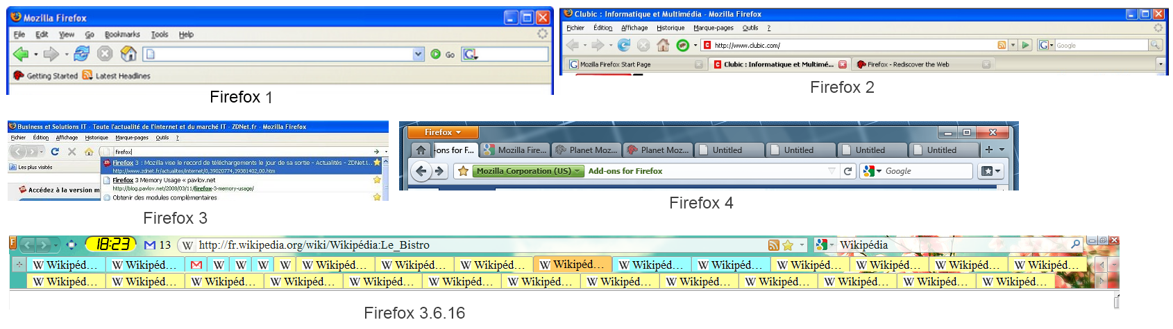Firefox 1—4 代界面对比